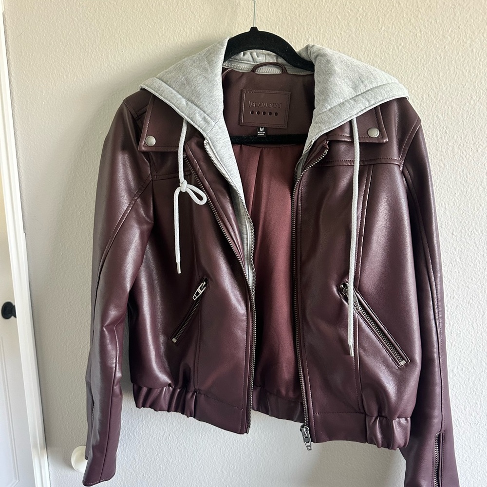 Blank NYC Burgundy Faux Leather Jacket with Gray Hood